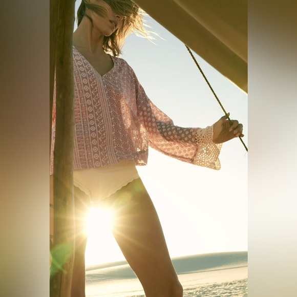 ZARA Top XL Openwork Floral Eyelet Embroidered Crochet Lace Boho Peasant Beachy - Picture 2 of 13